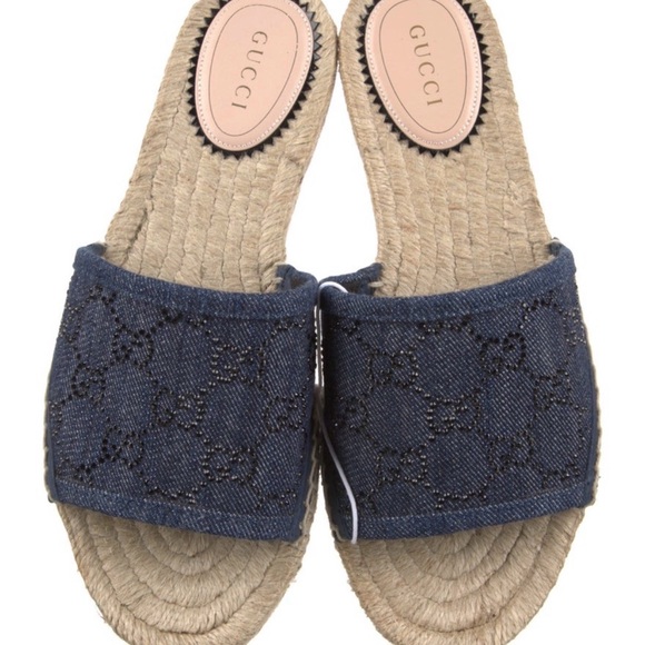 Women's Gucci Blue GG Crystal Espadrille Slide Sandals - Picture 3 of 5